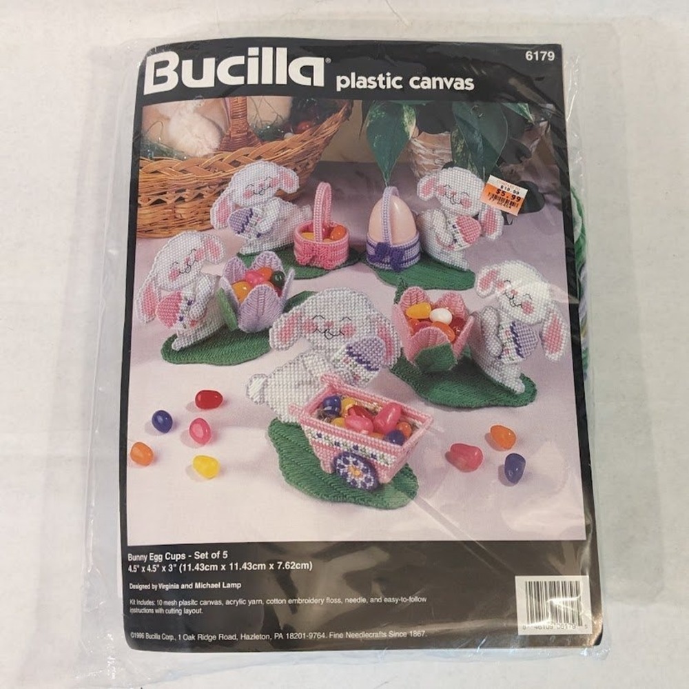 Vintage 1996 Bucilla Plastic Canvas Kit 6179 Bunny Egg Cups Easter Set of 5 NEW